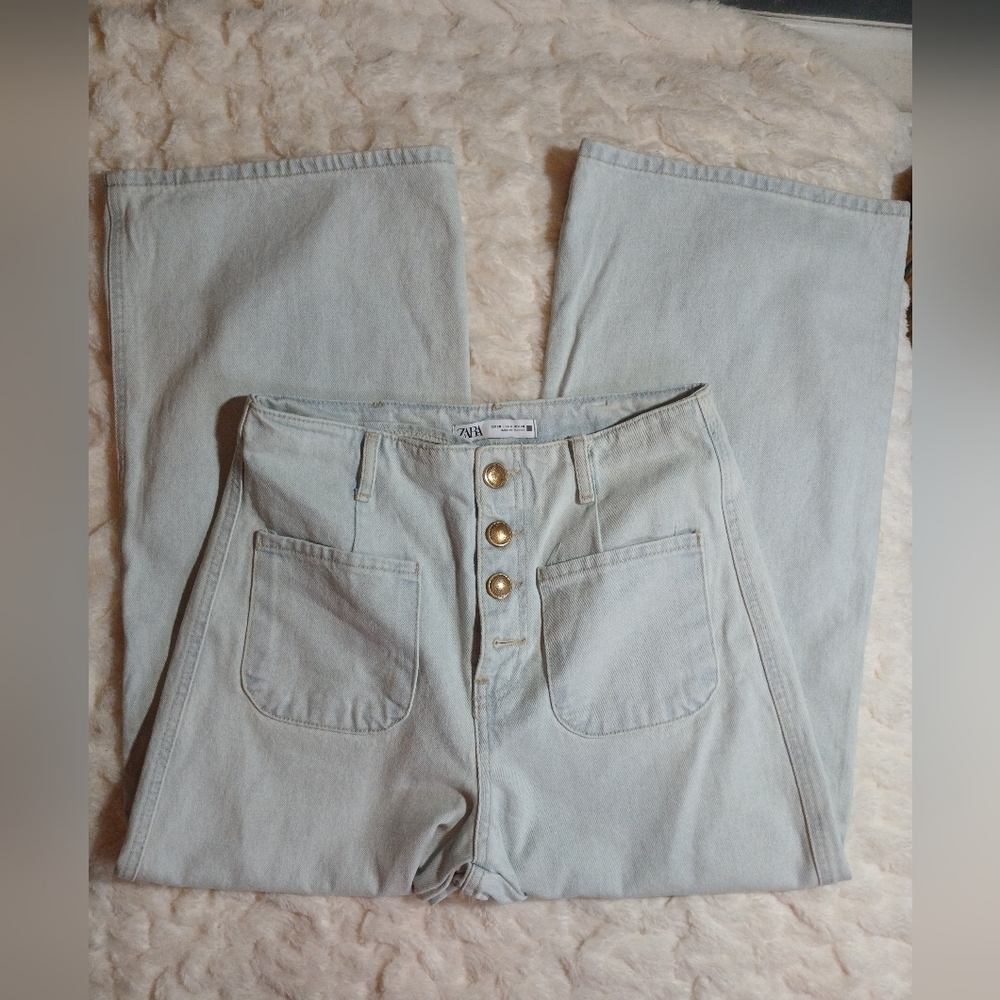 Zara Z1975 High Waist Wide Leg Cropped Denim Jeans With Buttons Light Blue 6